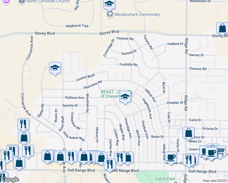 map of restaurants, bars, coffee shops, grocery stores, and more near 2632 Sagebrush Avenue in Cheyenne