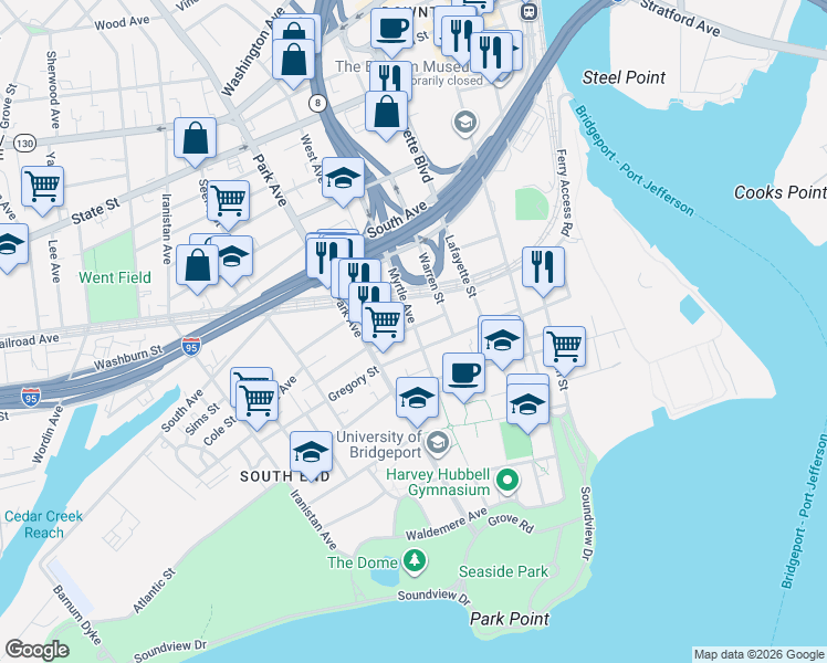map of restaurants, bars, coffee shops, grocery stores, and more near 30 Austin Street in Bridgeport