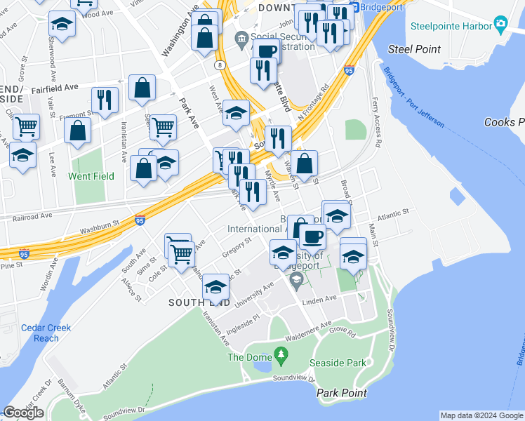 map of restaurants, bars, coffee shops, grocery stores, and more near 319 Railroad Avenue in Bridgeport