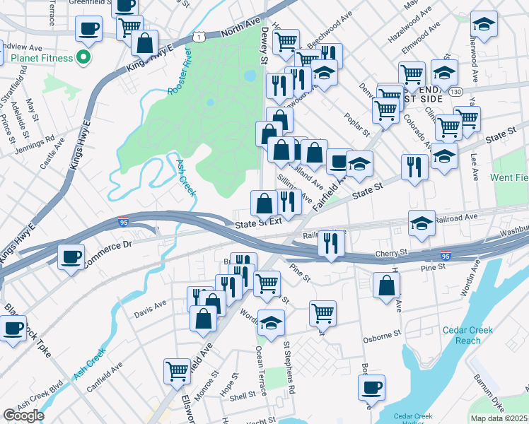 map of restaurants, bars, coffee shops, grocery stores, and more near 53 Ash Street in Bridgeport