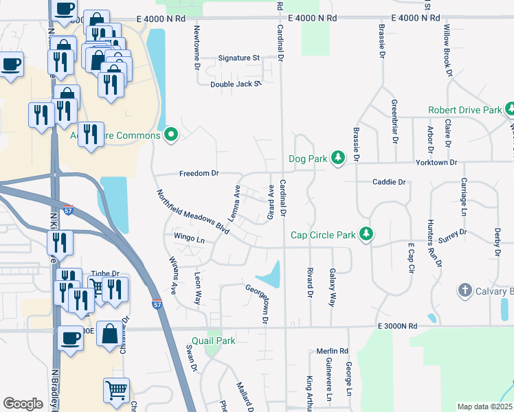 map of restaurants, bars, coffee shops, grocery stores, and more near 1545 Girard Way in Bourbonnais