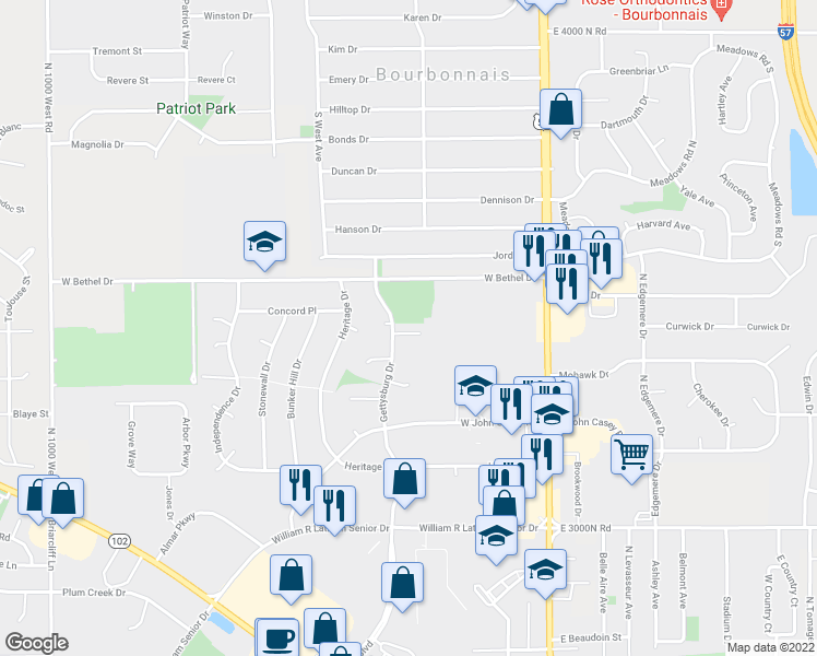 map of restaurants, bars, coffee shops, grocery stores, and more near 894 Gettysburg Drive in Bourbonnais