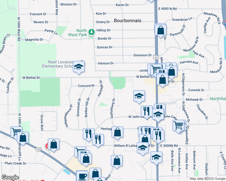 map of restaurants, bars, coffee shops, grocery stores, and more near 897 Gettysburg Court in Bourbonnais