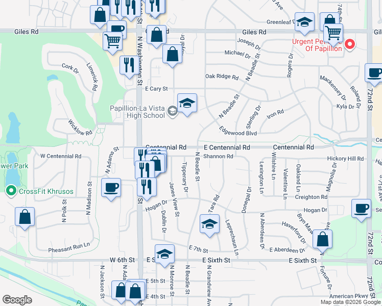 map of restaurants, bars, coffee shops, grocery stores, and more near 502 Shannon Road in Papillion