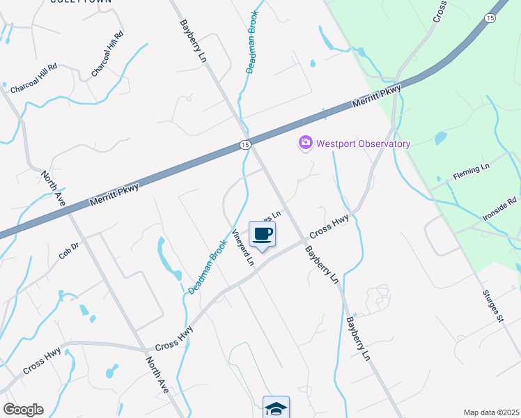 map of restaurants, bars, coffee shops, grocery stores, and more near 173 Bayberry Lane in Westport