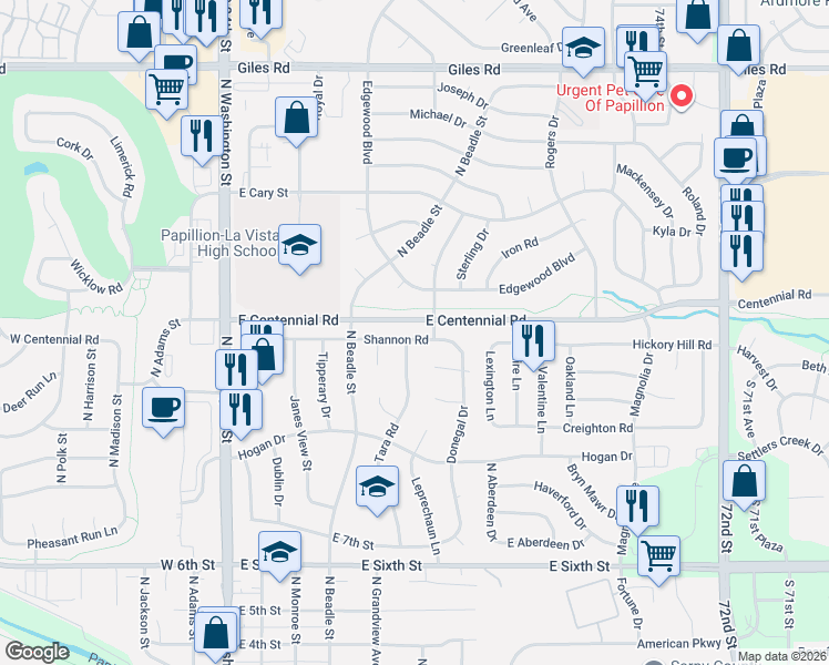 map of restaurants, bars, coffee shops, grocery stores, and more near 700 Shannon Road in Papillion