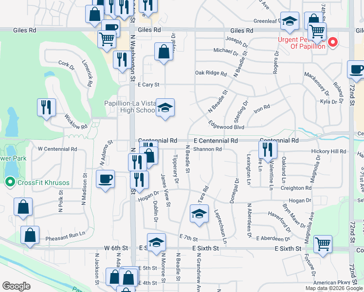 map of restaurants, bars, coffee shops, grocery stores, and more near 502 Shannon Road in Papillion