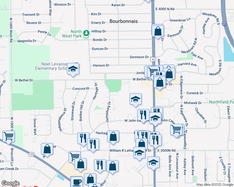 map of restaurants, bars, coffee shops, grocery stores, and more near 884 Gettysburg Drive in Bourbonnais