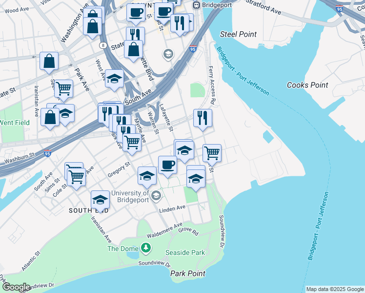 map of restaurants, bars, coffee shops, grocery stores, and more near 45 Gregory Street in Bridgeport