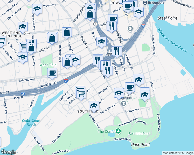 map of restaurants, bars, coffee shops, grocery stores, and more near 50 Johnson Street in Bridgeport