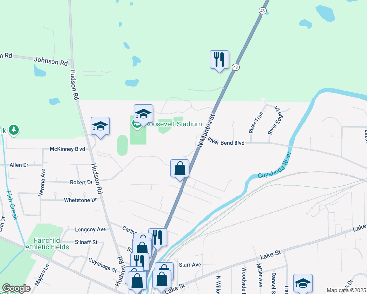 map of restaurants, bars, coffee shops, grocery stores, and more near 1400 North Mantua Street in Kent