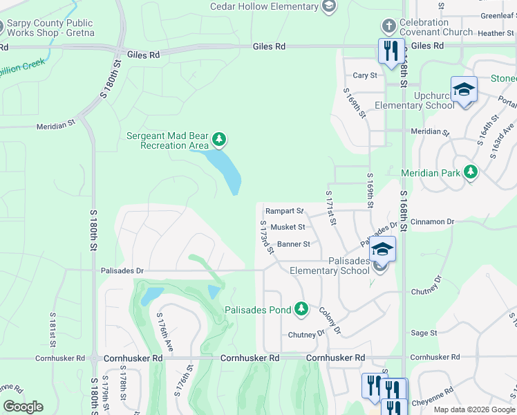 map of restaurants, bars, coffee shops, grocery stores, and more near 9102 South 173rd Street in Omaha