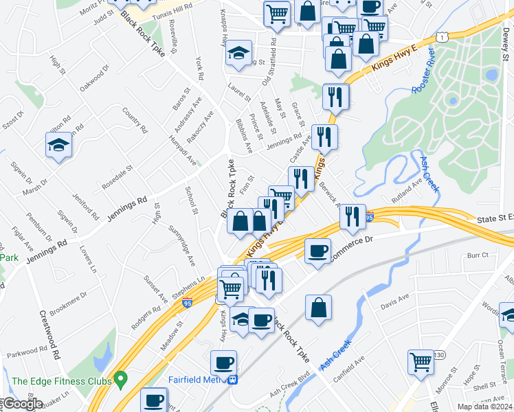 map of restaurants, bars, coffee shops, grocery stores, and more near 322 Castle Avenue in Fairfield