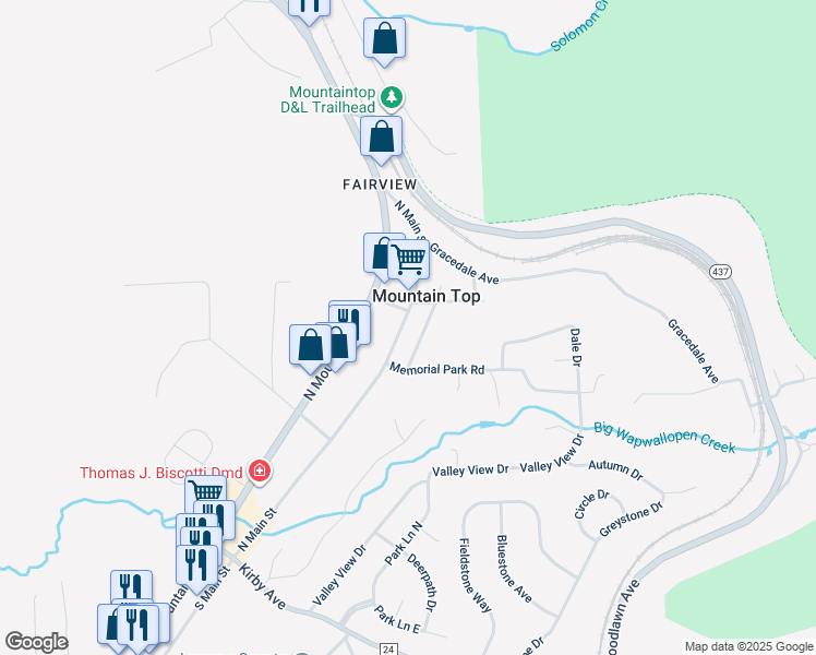 map of restaurants, bars, coffee shops, grocery stores, and more near 125 North Main Street in Mountain Top