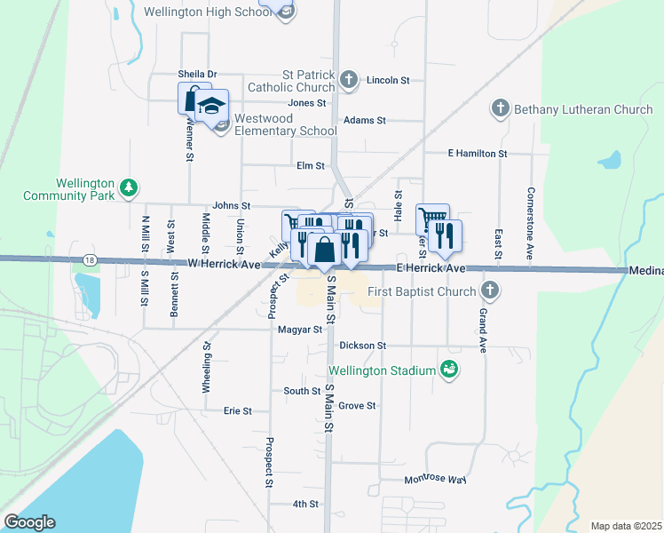 map of restaurants, bars, coffee shops, grocery stores, and more near in Wellington