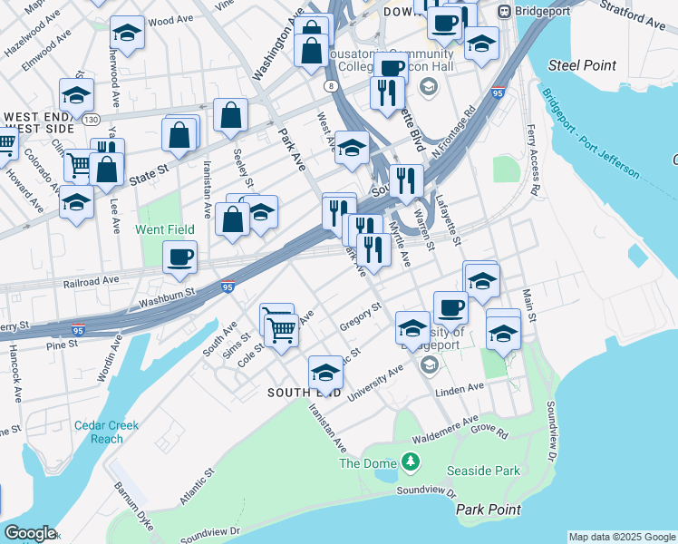 map of restaurants, bars, coffee shops, grocery stores, and more near 44 Johnson Street in Bridgeport