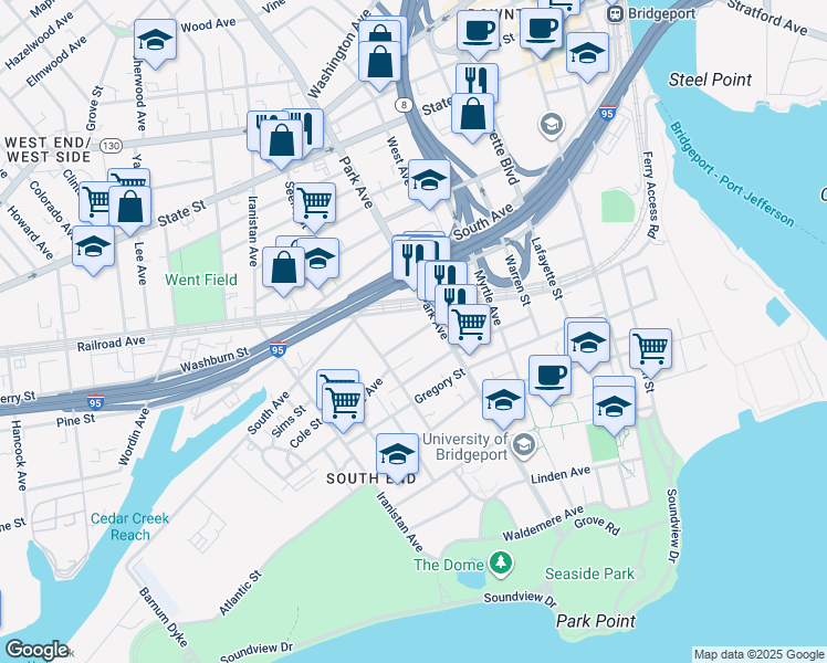 map of restaurants, bars, coffee shops, grocery stores, and more near 44 Johnson Street in Bridgeport