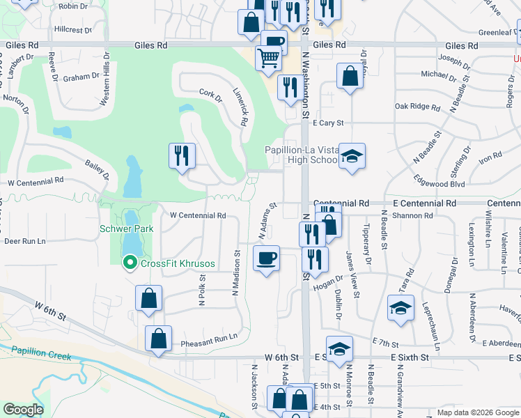 map of restaurants, bars, coffee shops, grocery stores, and more near 818 North Adams Street in Papillion