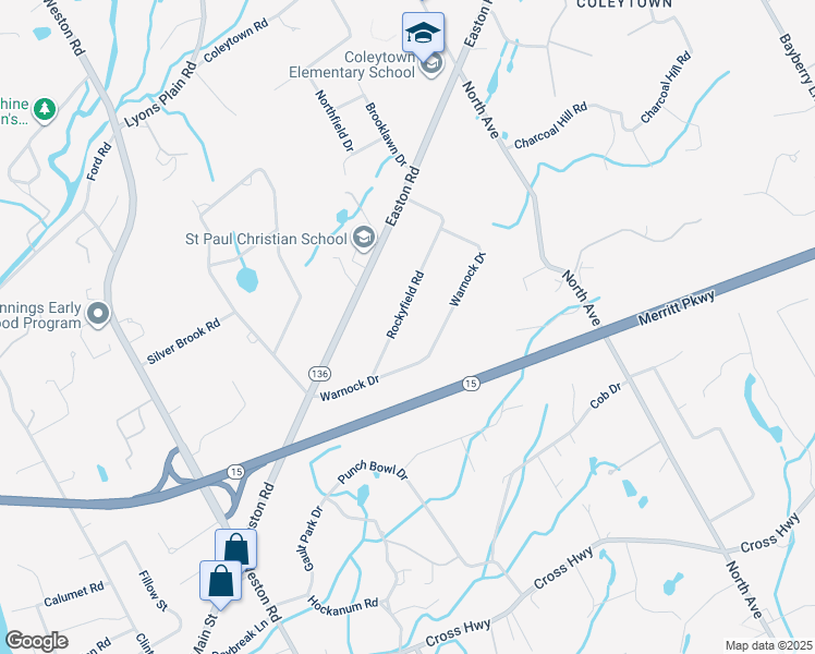 map of restaurants, bars, coffee shops, grocery stores, and more near 8 Rockyfield Road in Westport