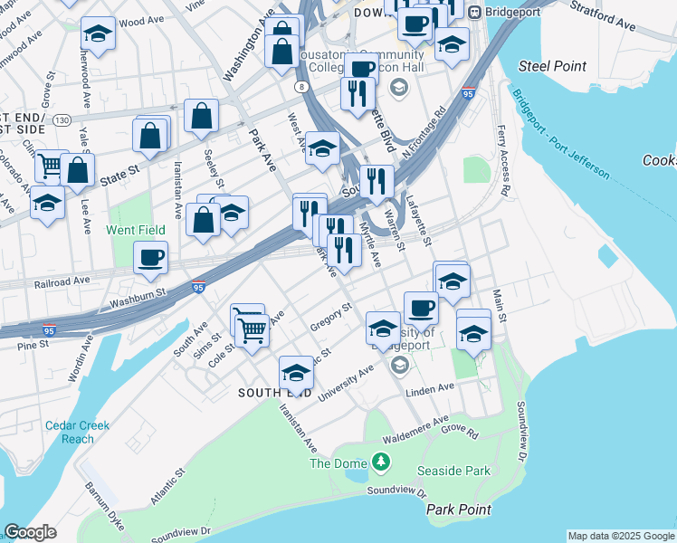 map of restaurants, bars, coffee shops, grocery stores, and more near 508 Park Avenue in Bridgeport