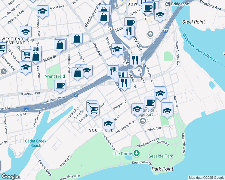map of restaurants, bars, coffee shops, grocery stores, and more near 50 Johnson Street in Bridgeport