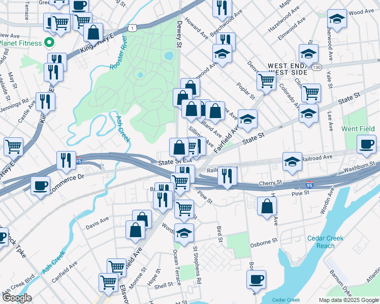 map of restaurants, bars, coffee shops, grocery stores, and more near 53 Ash Street in Bridgeport