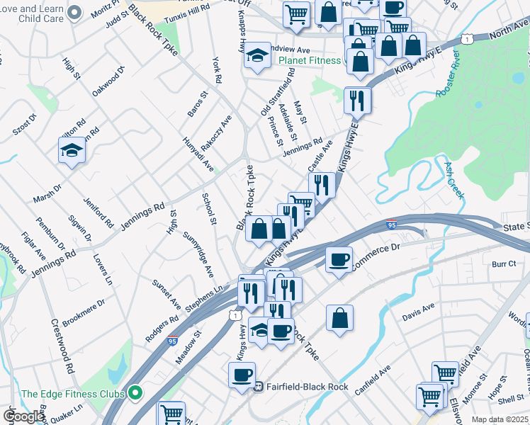 map of restaurants, bars, coffee shops, grocery stores, and more near 46 Finn Street in Fairfield