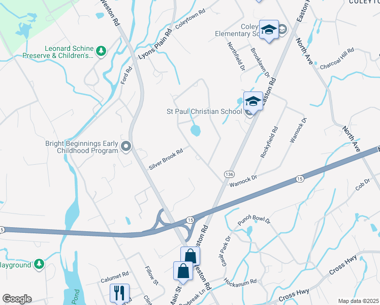 map of restaurants, bars, coffee shops, grocery stores, and more near 14 Silver Brook Road in Westport