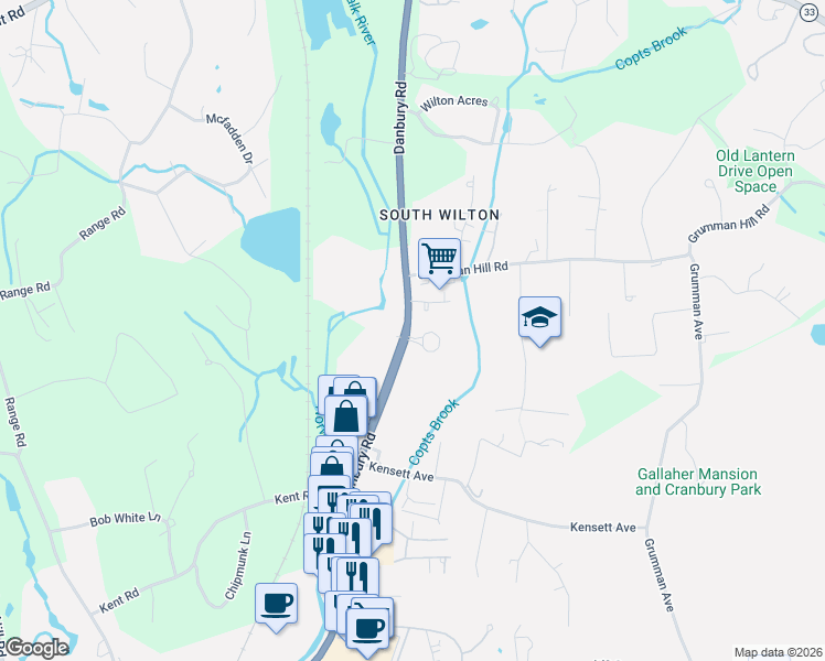 map of restaurants, bars, coffee shops, grocery stores, and more near 64 U.S. 7 in Wilton