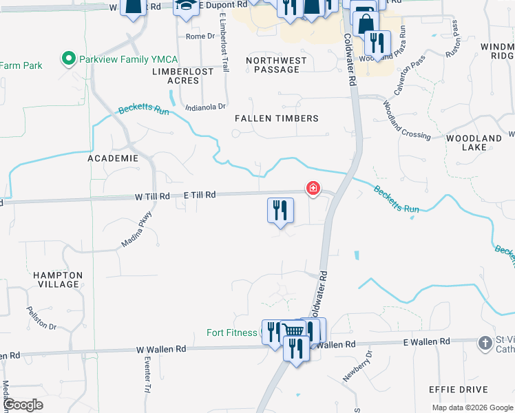 map of restaurants, bars, coffee shops, grocery stores, and more near 604 East Till Road in Fort Wayne