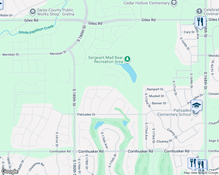 map of restaurants, bars, coffee shops, grocery stores, and more near 17702 Rampart Street in Omaha