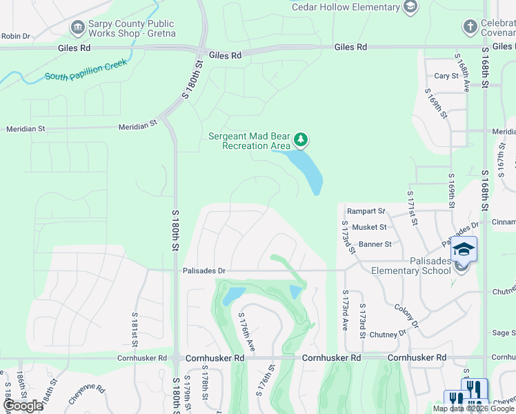 map of restaurants, bars, coffee shops, grocery stores, and more near 17702 Rampart Street in Omaha