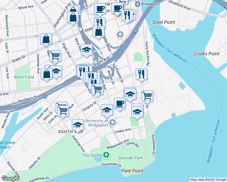 map of restaurants, bars, coffee shops, grocery stores, and more near 30 Austin Street in Bridgeport