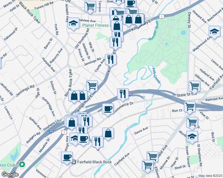 map of restaurants, bars, coffee shops, grocery stores, and more near 150 Brentwood Avenue in Fairfield