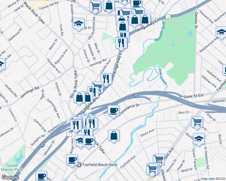 map of restaurants, bars, coffee shops, grocery stores, and more near 194 Brentwood Avenue in Fairfield
