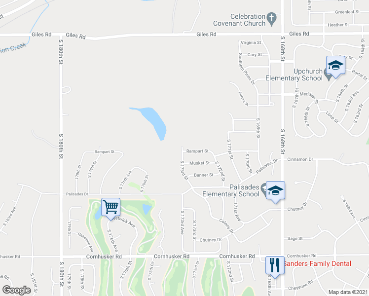 map of restaurants, bars, coffee shops, grocery stores, and more near 17702 Rampart Street in Omaha