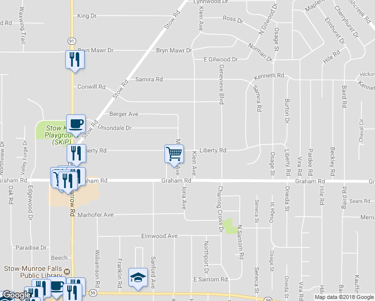 map of restaurants, bars, coffee shops, grocery stores, and more near 2156 Liberty Road in Stow