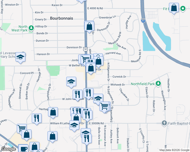 map of restaurants, bars, coffee shops, grocery stores, and more near 914 North Convent Street in Bourbonnais