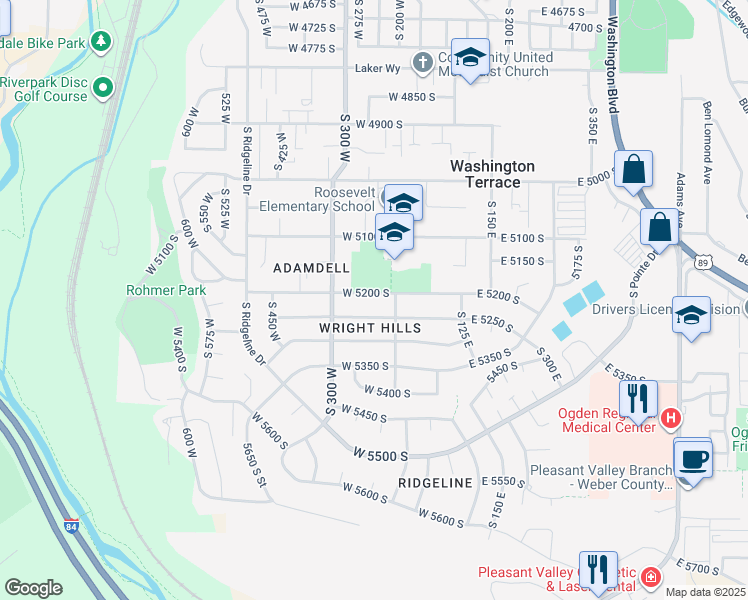 map of restaurants, bars, coffee shops, grocery stores, and more near 233 West 5200 South in Ogden