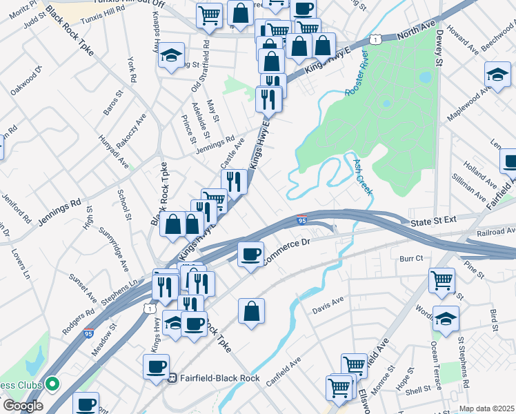 map of restaurants, bars, coffee shops, grocery stores, and more near 152 Brentwood Avenue in Fairfield