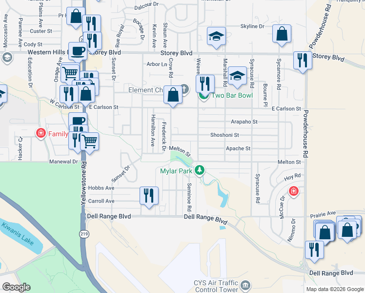 map of restaurants, bars, coffee shops, grocery stores, and more near 521 Shoshoni Street in Cheyenne