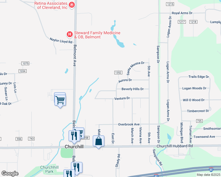 map of restaurants, bars, coffee shops, grocery stores, and more near 376 Beverly Hills Drive in Youngstown