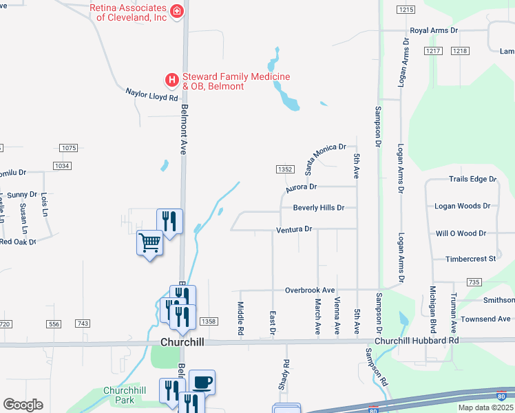 map of restaurants, bars, coffee shops, grocery stores, and more near 376 Beverly Hills Drive in Youngstown