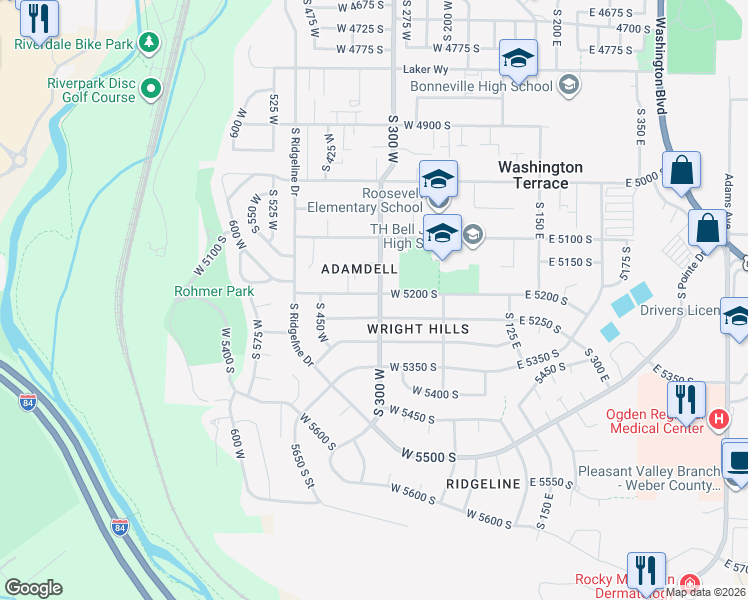 map of restaurants, bars, coffee shops, grocery stores, and more near 311 West 5200 South in Ogden