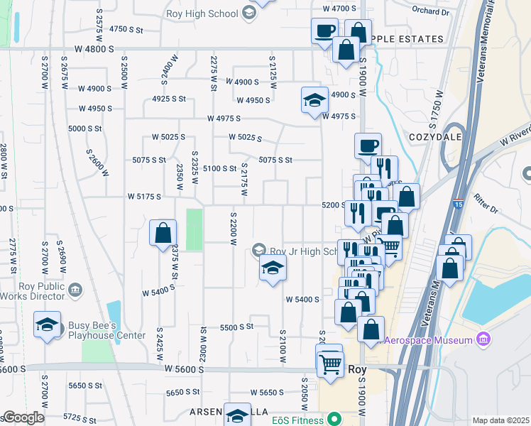 map of restaurants, bars, coffee shops, grocery stores, and more near 2123 5200 South Street in Roy