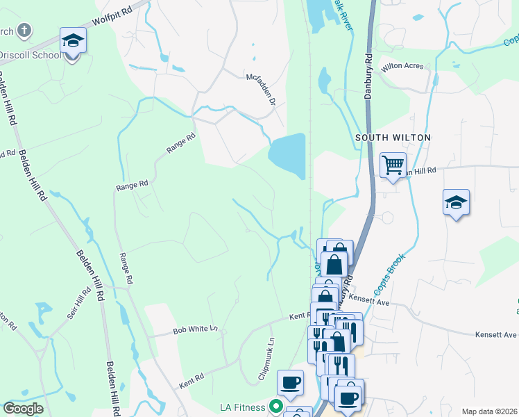 map of restaurants, bars, coffee shops, grocery stores, and more near 51 Chessor Lane in Wilton