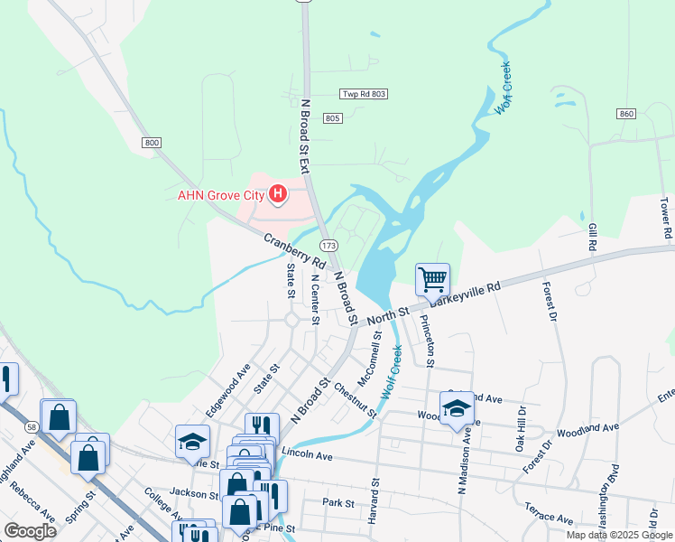 map of restaurants, bars, coffee shops, grocery stores, and more near 647 North Broad Street in Grove City