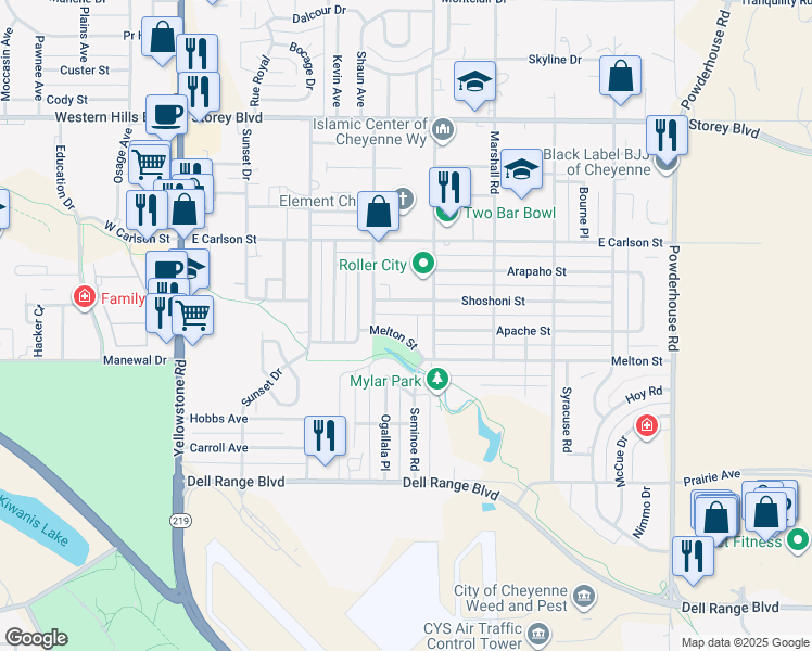map of restaurants, bars, coffee shops, grocery stores, and more near 521 Shoshoni Street in Cheyenne