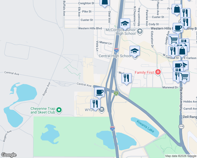 map of restaurants, bars, coffee shops, grocery stores, and more near 5400 Bishop Boulevard in Cheyenne