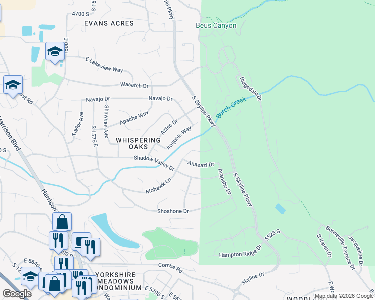map of restaurants, bars, coffee shops, grocery stores, and more near 5160 Iroquois Way in Ogden